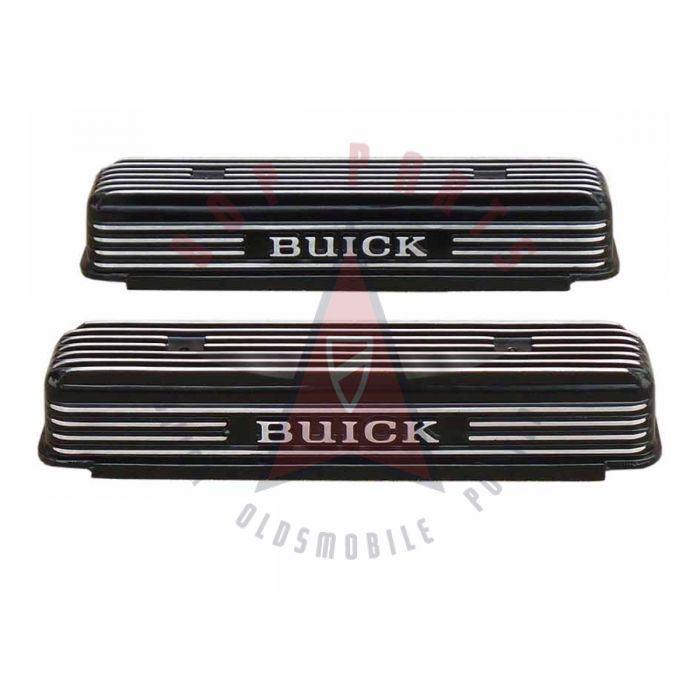 1953 1954 1955 1956 1957 1958 1959 1960 1961 1962 1963 1964 1965 1966 Buick Nailhead V8 Valve Covers WITH Fins and Vintage Script (1 Pair) (Black Powder Coat Finish)