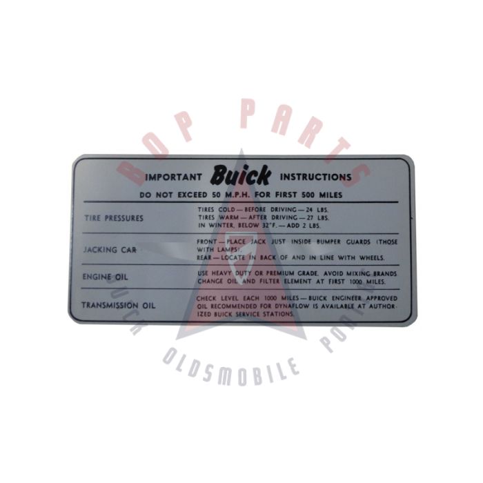 1951 1952 Buick Tire Pressure Decal