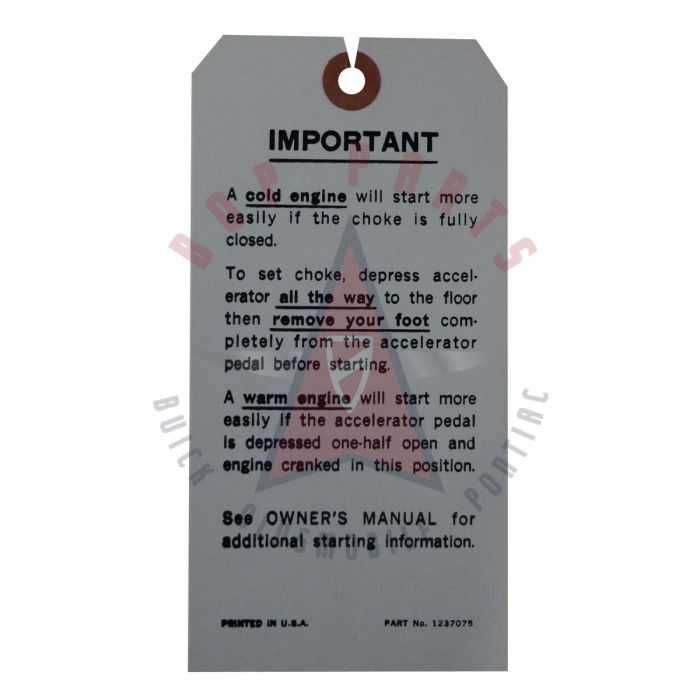 1971 1972 1973 Buick Engine Starting Instruction Tag 