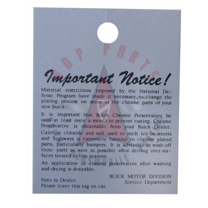 1940 1941 1942 1946 1947 1948 1949 1950 1951 1952 1953 1954 Buick Glove Box Chrome Care Instructions Tag