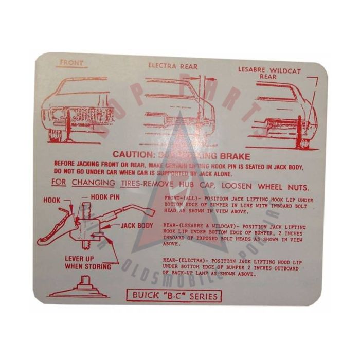 1969 Buick Electra, Le Sabre, and Wildcat Jacking Instruction Decal 