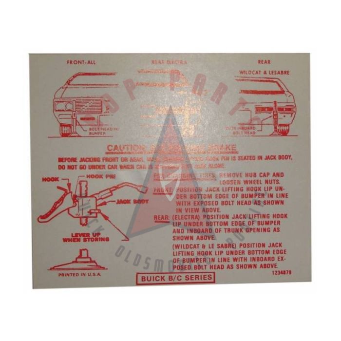 1970 Buick Electra, Le Sabre, and Wildcat Jacking Instruction Decal 
