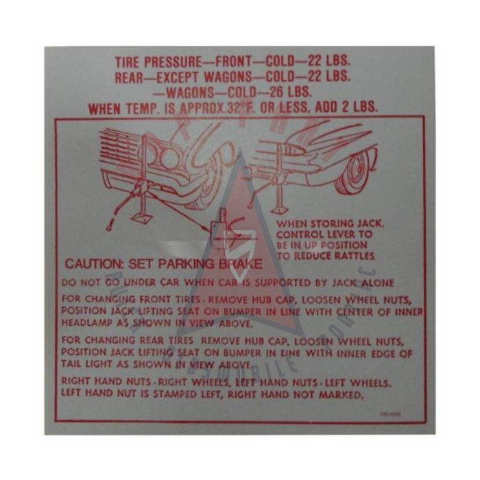 1962 Buick Special Jacking Instruction Decal 