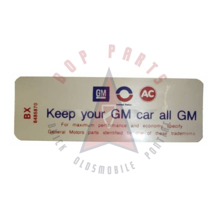 
1970 1971 Buick 455 Engine (WITH Heavy Duty Air Filter) Air Cleaner Decal "Keep Your GM Car All GM"