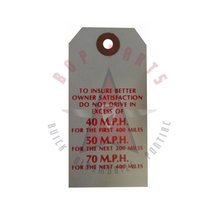1937 1938 1939 1940 1941 1942 1946 1947 1948 1949 1950 1951 1952  1953 1954 Buick New Car "Break-In" Instruction Tag
