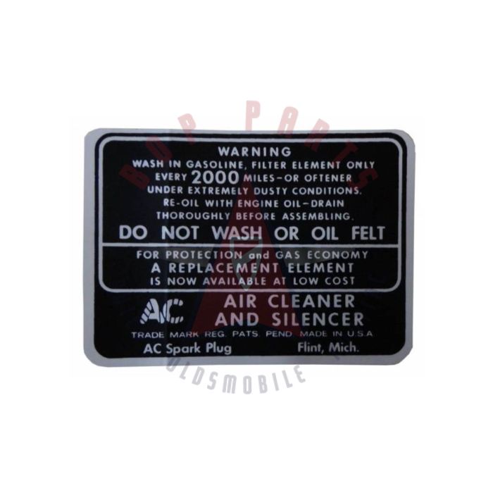 1937 1938 1939 1940 1941 1942 1946 1947 1948 Oldsmobile Dry Style Air Cleaner Service Instruction Decal