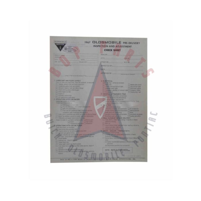 
1967 Oldsmobile New Vehicle Pre-Delivery Sheet 
