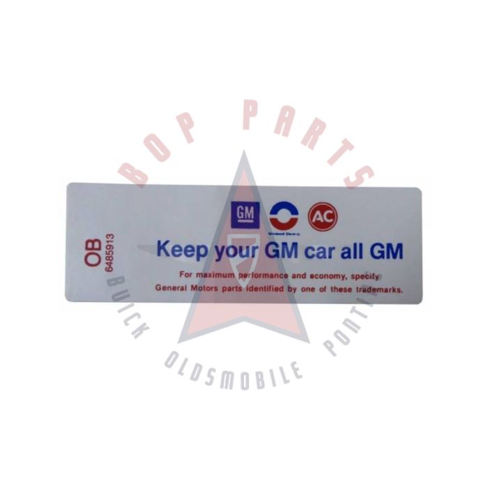 1970 Oldsmobile V8 Engine (2 Barrel Carburetor) Air Cleaner Decal "Keep Your GM Car All GM"