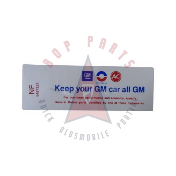 
1971 Oldsmobile V8 Engine (2 Barrel Carburetor) Air Cleaner Decal "Keep Your GM Car All GM"

