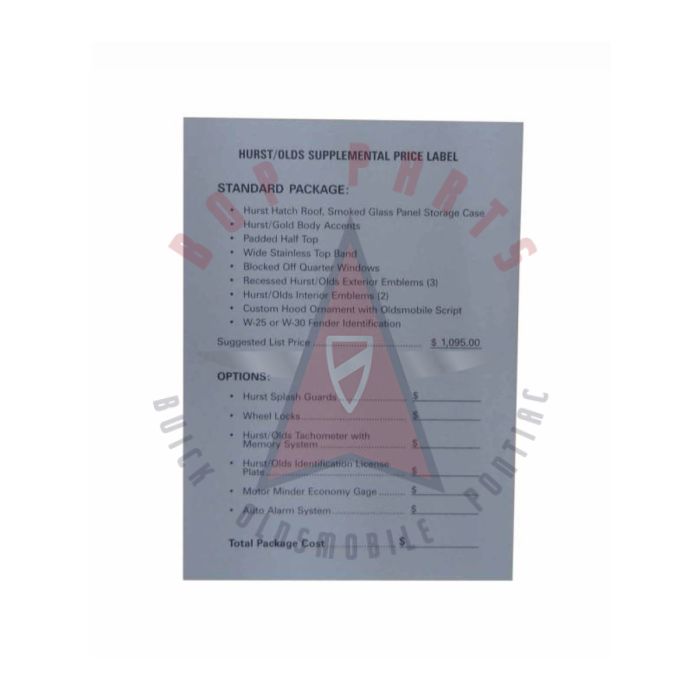 
1975 Oldsmobile Hurst Supplemental Window Price Sheet Sticker 
