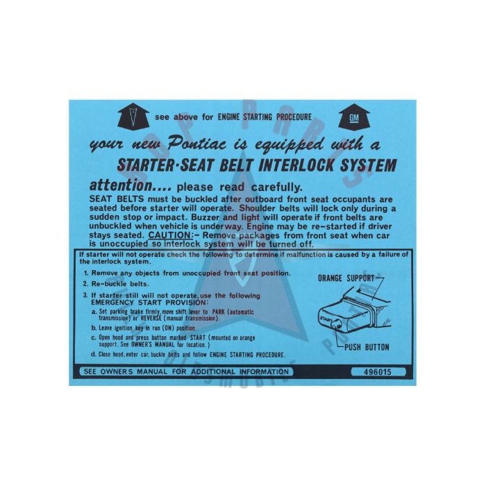 1974 Pontiac A-Body Models (See Details) Seat Belt and Starting Instructions Sleeve on Sun Visor 