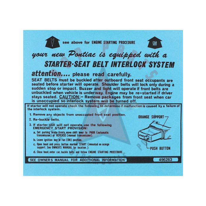 1974 Pontiac B-Body Models (See Details) Seat Belt and Starting Instructions Sleeve on Sun Visor 