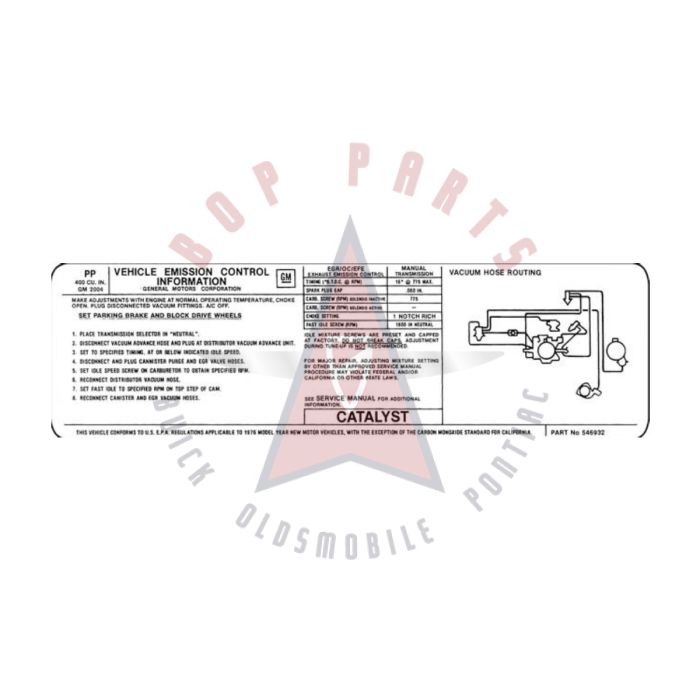 1976 Pontiac 400 Engine Models WITH Manual Transmission (See Details) PP Emission Decal 