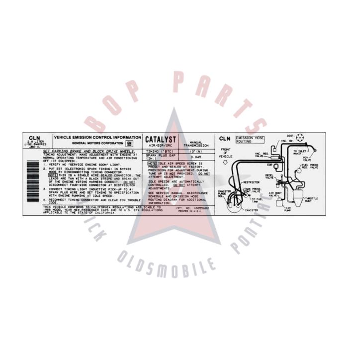 
1988 Pontiac Firebird 2.8 Liter Engine California Models WITH Manual Transmission (See Details) CLN Emission and Hose Routing Decal 
