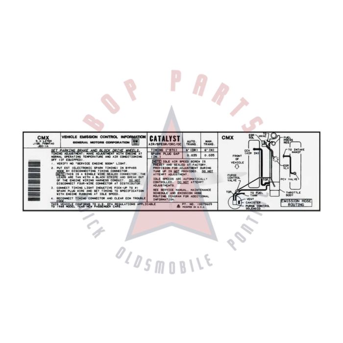 1988 Pontiac Firebird 5.0 Liter Engine Models WITH Automatic or Manual Transmission (See Details) CMX Emission and Hose Routing Decal 