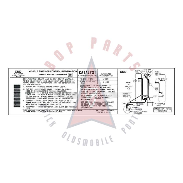 
1988 Pontiac Firebird 5.7 Liter Engine Models WITH Automatic Transmission (See Details) CND Emission and Hose Routing Decal 
