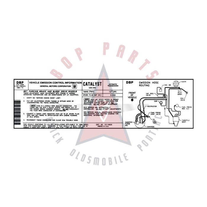 1989 Pontiac Firebird 2.8 Liter Engine Models WITH Automatic Transmission (See Details) DBP Emission and Hose Routing Decal 