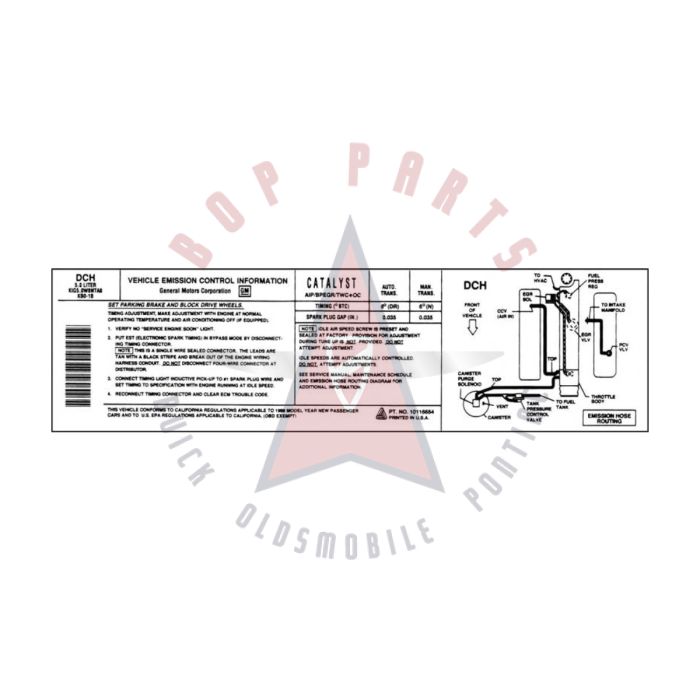 
1989 Pontiac Firebird 5.0 Liter Engine California Models WITH Automatic or Manual Transmission (See Details) DCH Emission and Hose Routing Decal 
