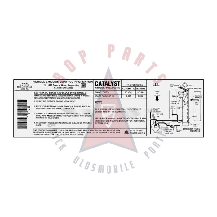
1991 Pontiac Firebird 5.0 Liter Engine Models WITH Automatic or Manual Transmission (See Details) LLL Emission and Hose Routing Decal 
