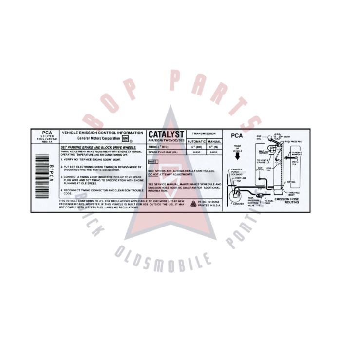 1992 Pontiac Firebird 5.0 Liter Engine Models WITH Automatic or Manual Transmission (See Details) PCA Emission and Hose Routing Decal 