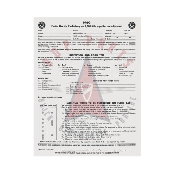 
1960 Pontiac New Vehicle Pre-Delivery and Adjustments Sheet
