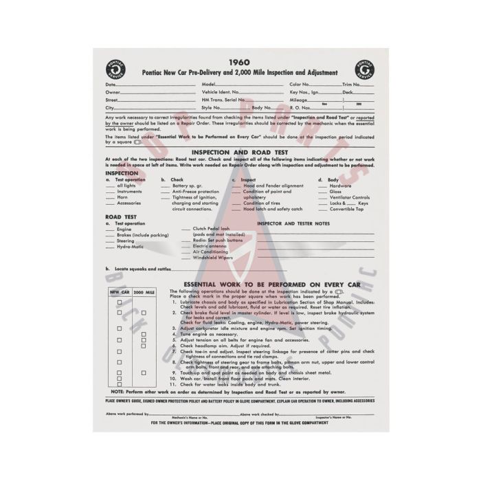 
1960 Pontiac New Vehicle Pre-Delivery and Adjustments Sheet
