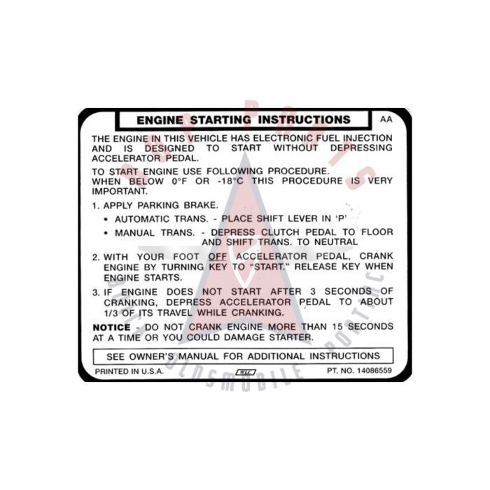 
1985 Pontiac Firebird Engine Start Instruction Decal on Sun Visor
