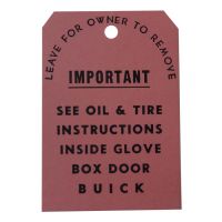 1938 1939 1940 1941 1942 1946 1947 1948 1949 Buick Oil and Tire Instruction Tag